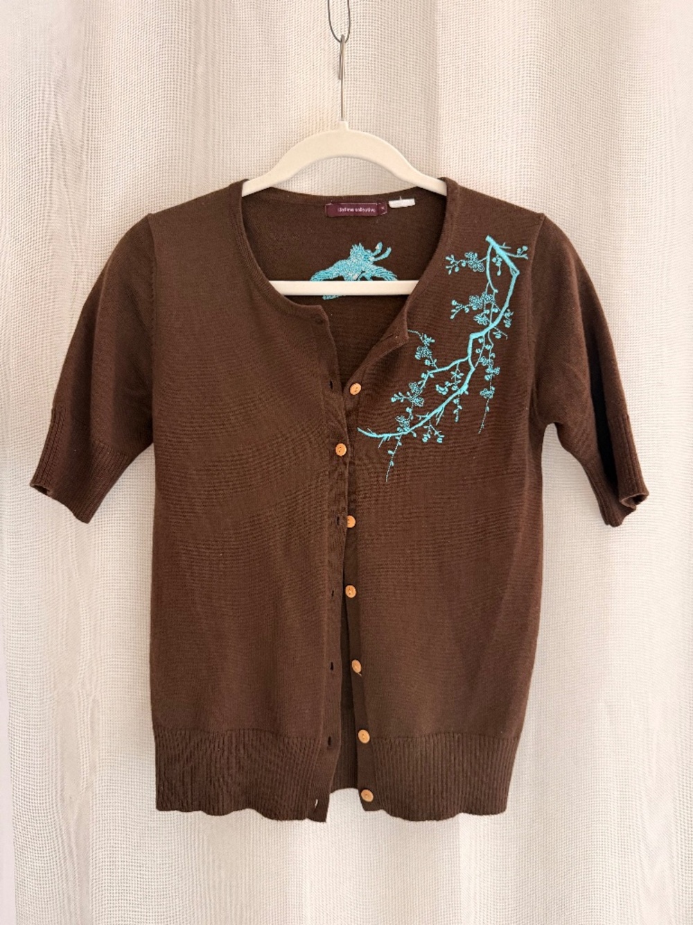 Lifetime Collective Brown Cherry Blossom Embroidered Short Sleeve Cardigan